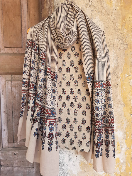 Ajrakh Hand Block Printed Suit Set – Pure Cotton, Naturally Dyed, Handcrafted Indian Ethnic Wear with Dupatta. Slow-made by skilled artisans, featuring breathable fabric and traditional patterns. A perfect blend of heritage craftsmanship and everyday comfort.