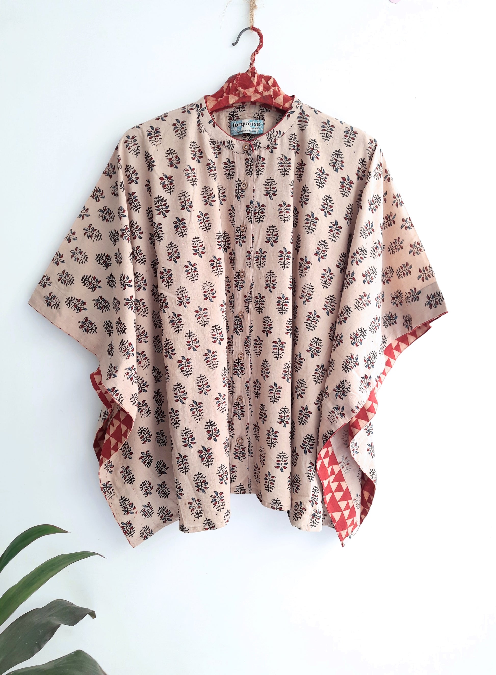 Beige boota print ajrakh kaftan shirt, Sustainable fashion