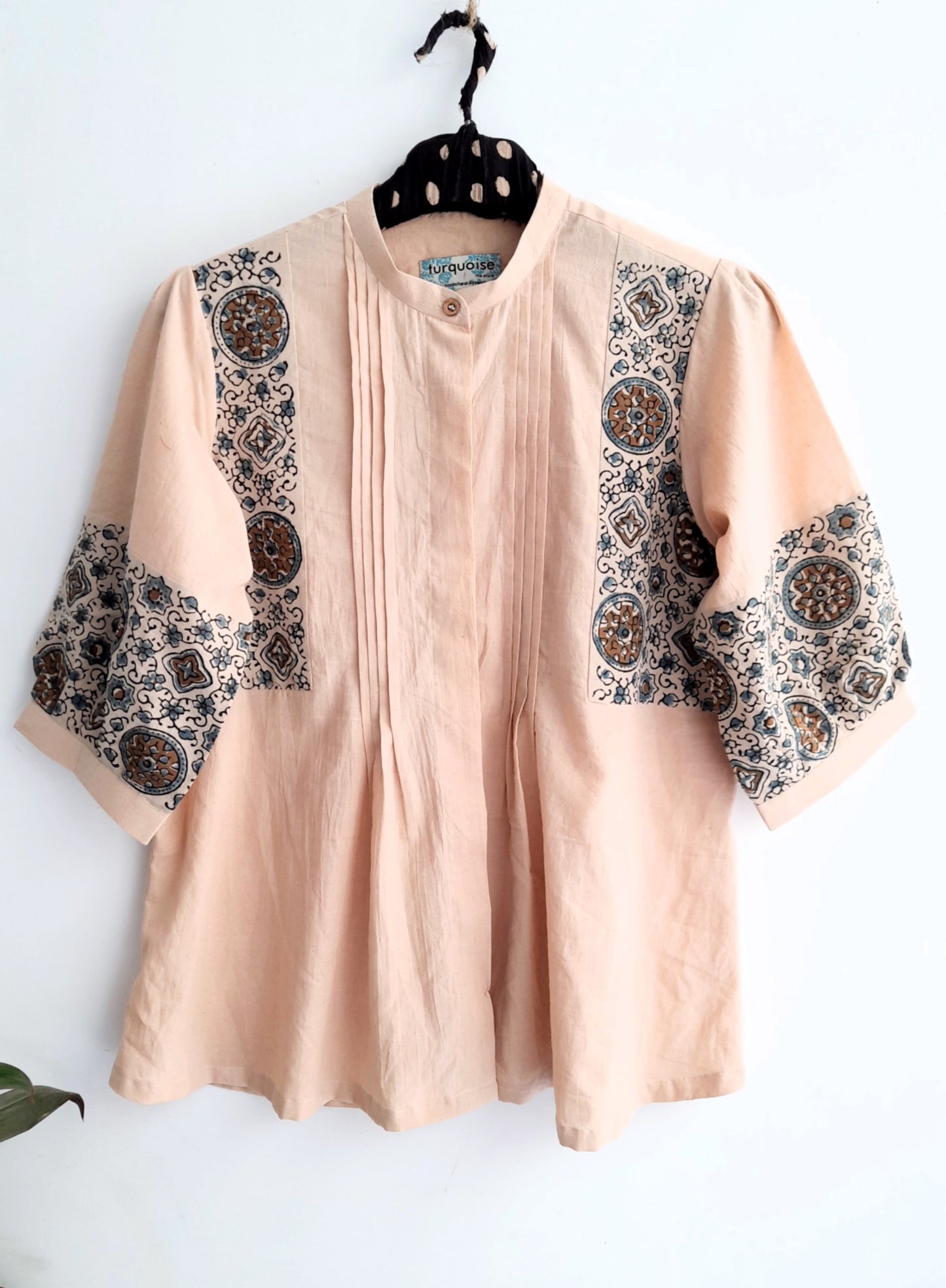 Beige patchwork ajrakh Shirt for women, Handmade shirt, Slow fashion