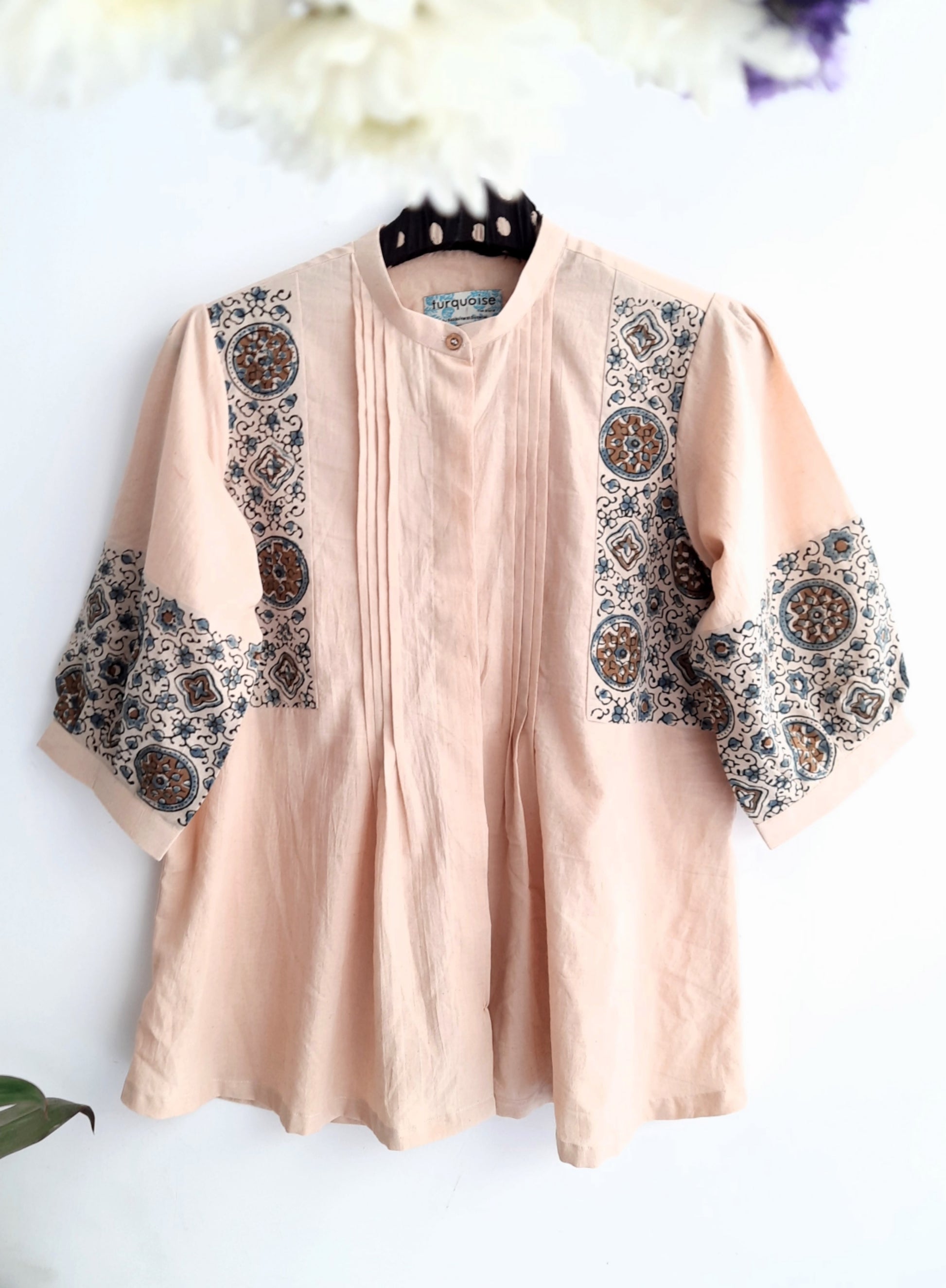 Beige patchwork ajrakh Shirt for women, Handmade shirt, Slow fashion