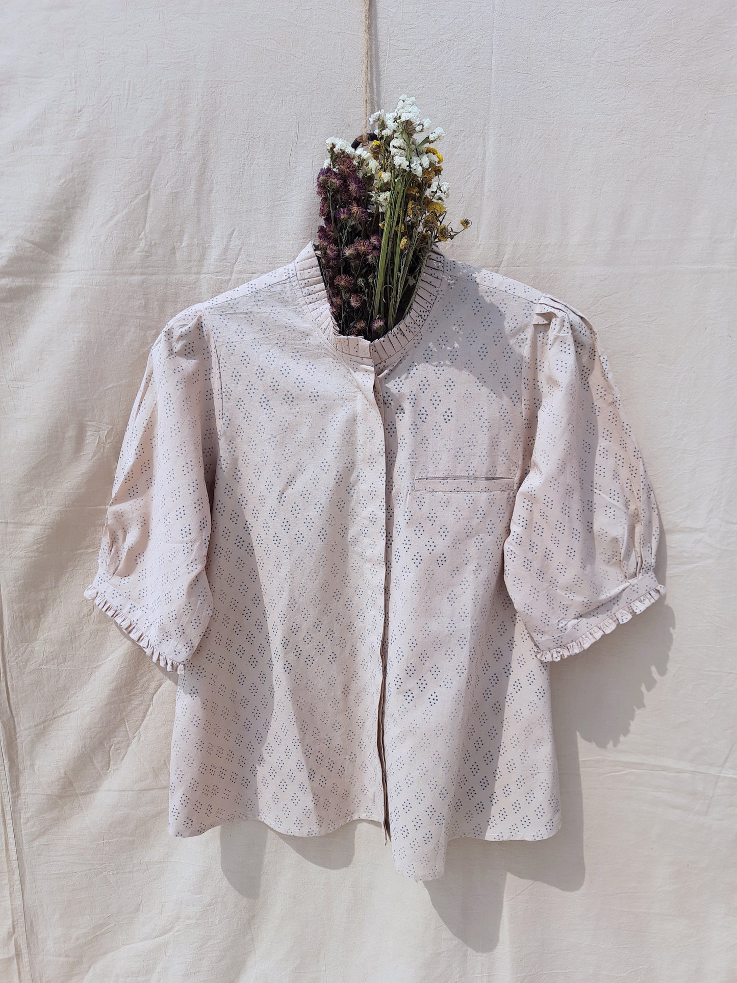 Beige polka dots shirt for her, Handcrafted women's shirt, Cotton shirt for her, Slow fashion