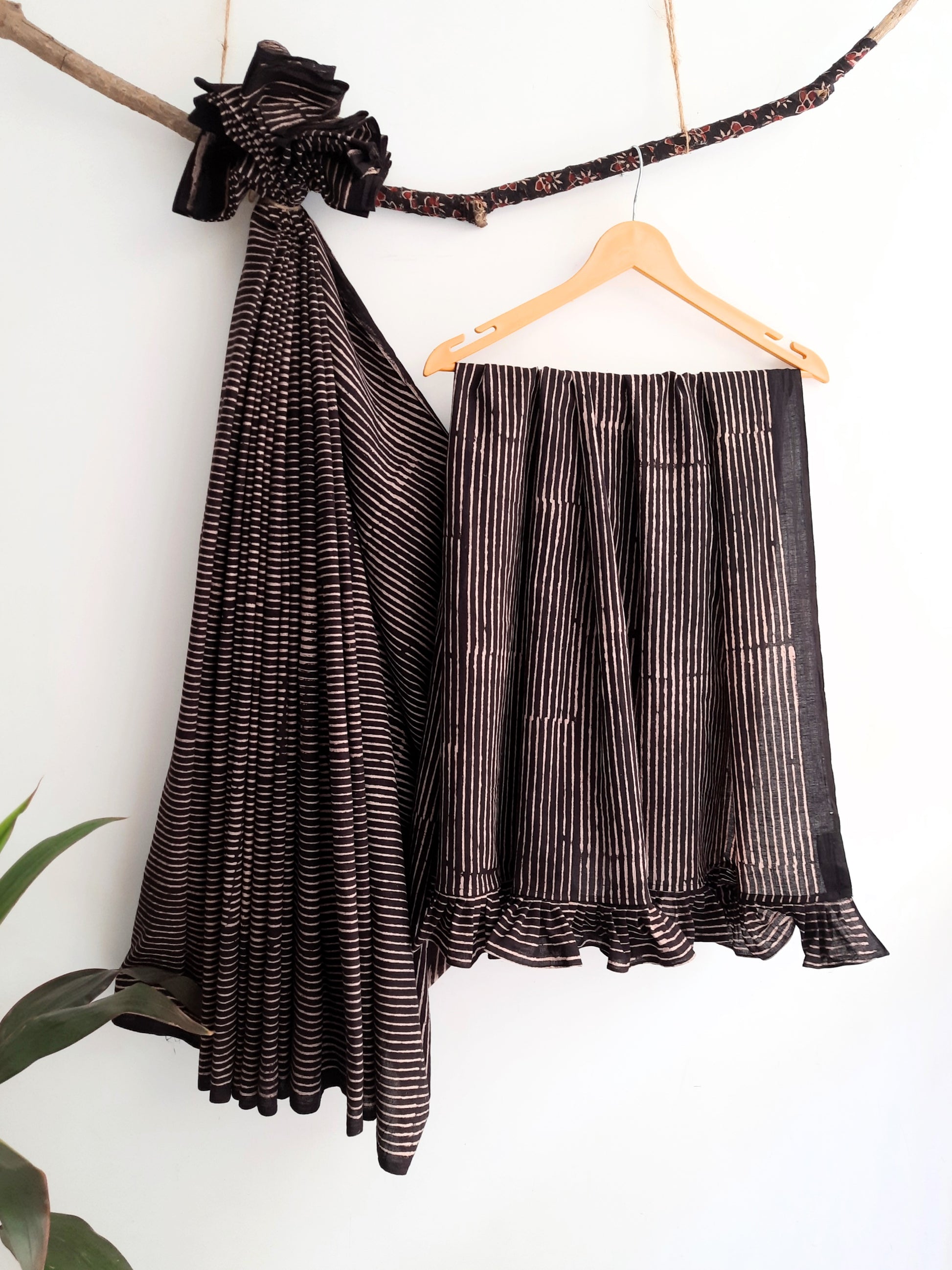 Black and beige stripes saree blouse coord set, Slow fashion