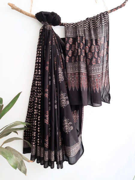 Black ajrakh cotton saree, Ajrakh black saree, Black cotton saree, Naturel dyed ajrakh saree