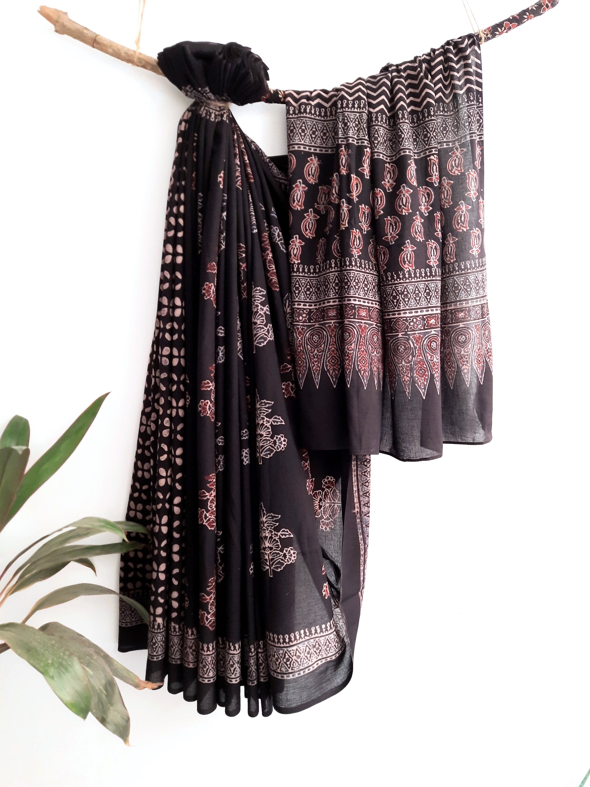 Black ajrakh cotton saree, Ajrakh black saree, Black cotton saree, Naturel dyed ajrakh saree