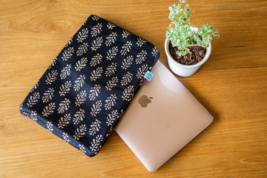 Black ajrakh fabric laptop sleeve, Apple MacBook sleeve