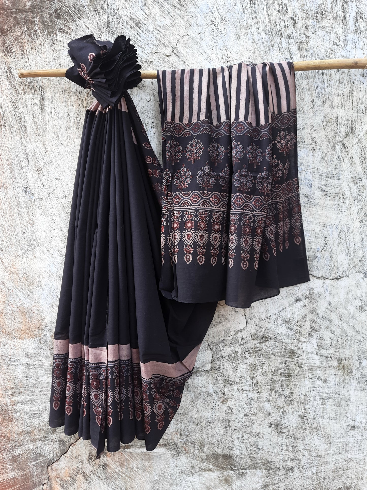 Cotton - Charcoal Symphony Ajrakh Saree