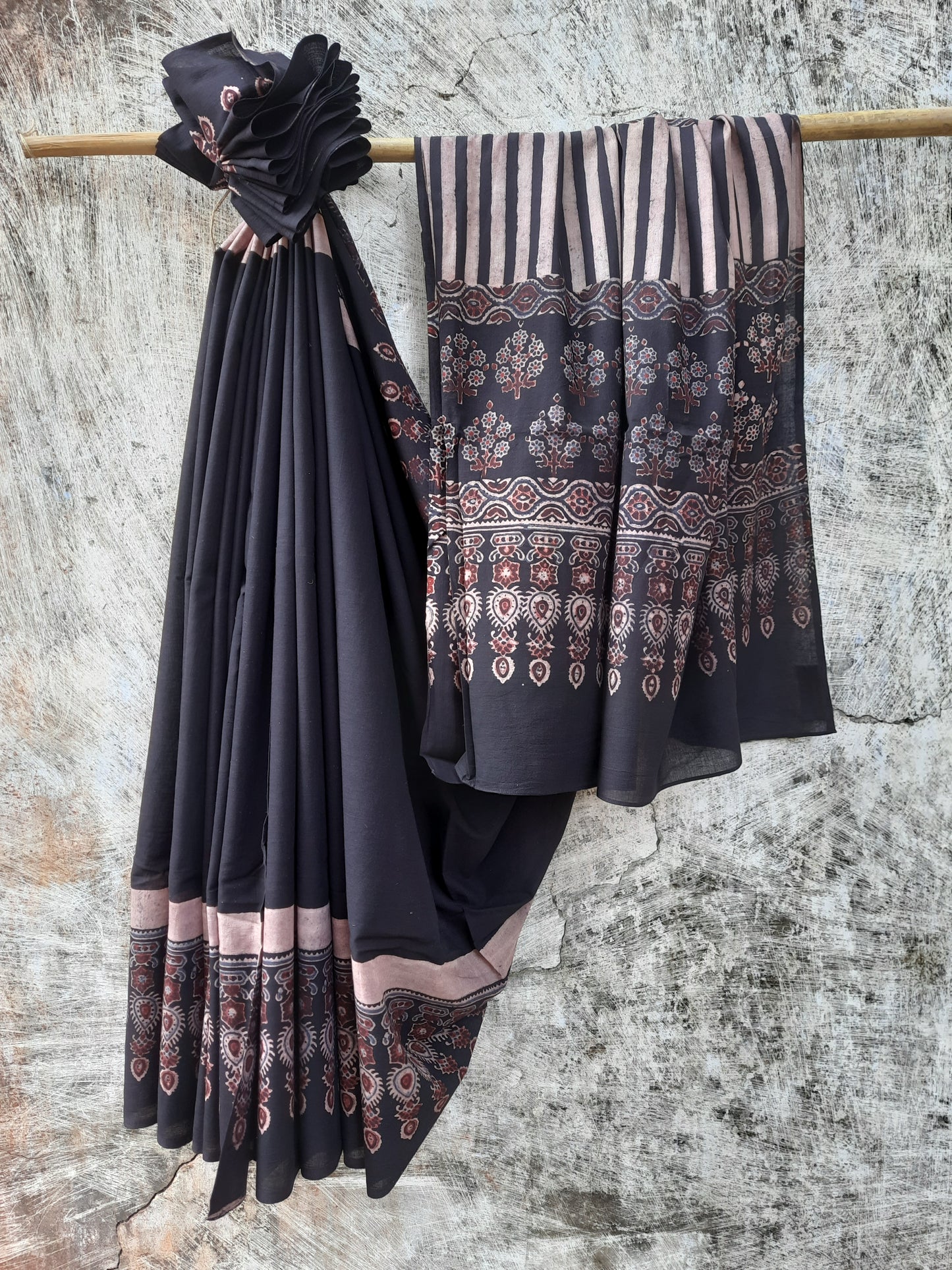 Cotton - Charcoal Symphony Ajrakh Saree