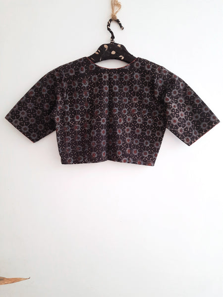 Black Hand spun Ajrakh Blouse - Organic cotton, ajrakh hand block print technique, handmade with love.