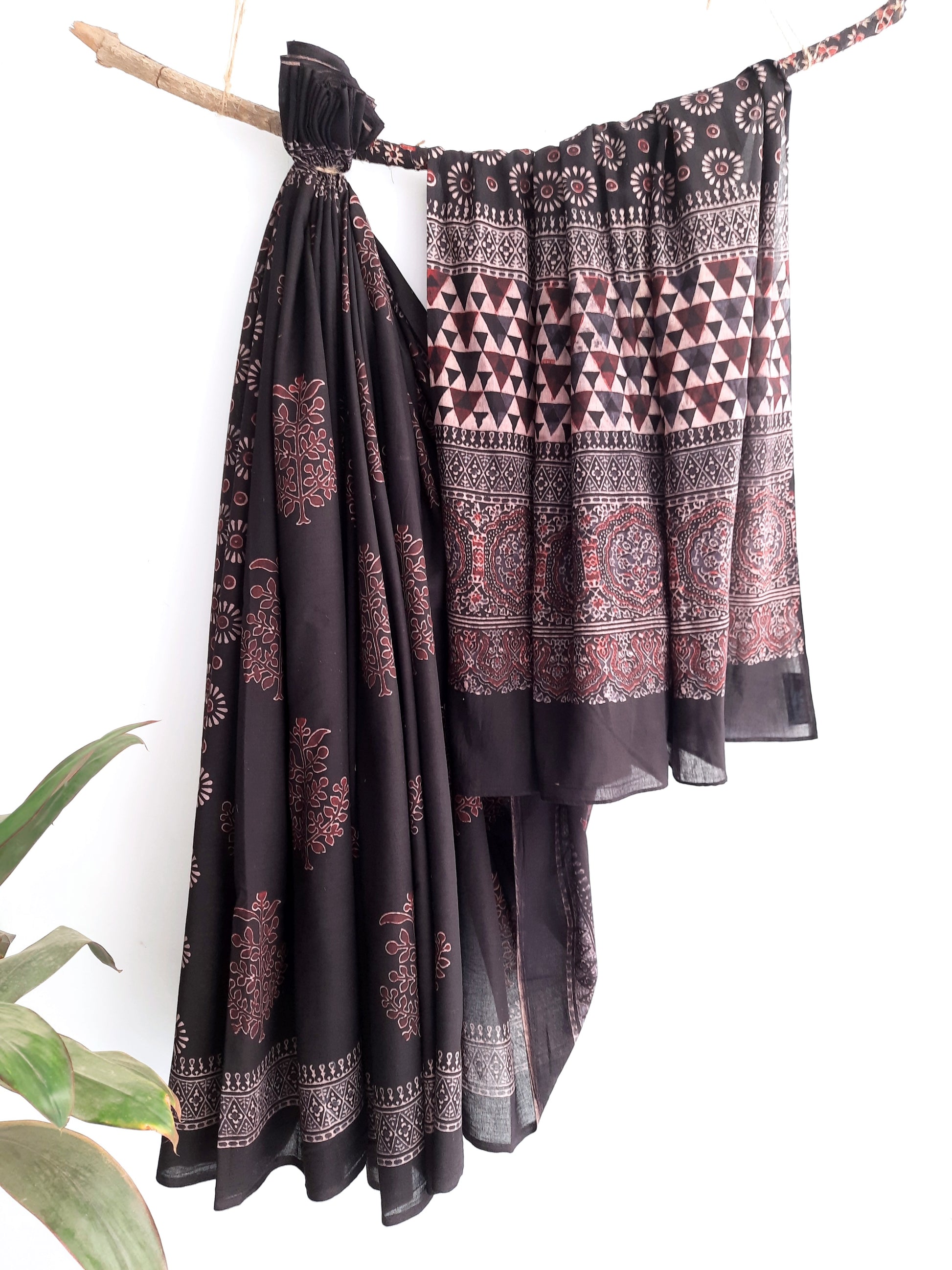 Black ajrakh hand block prints cotton saree, Ajrakh saree, Cotton saree