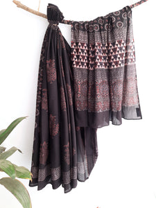 Black ajrakh hand block prints cotton saree, Ajrakh saree, Cotton saree