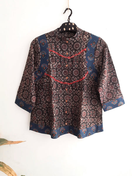 Black ajrakh hand block print shirt for women