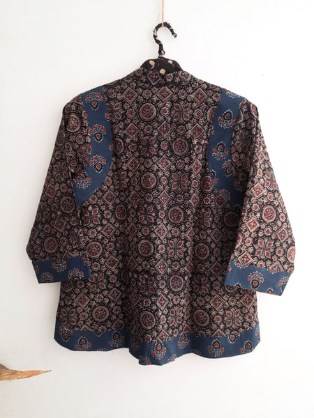 Black ajrakh hand block print shirt for women