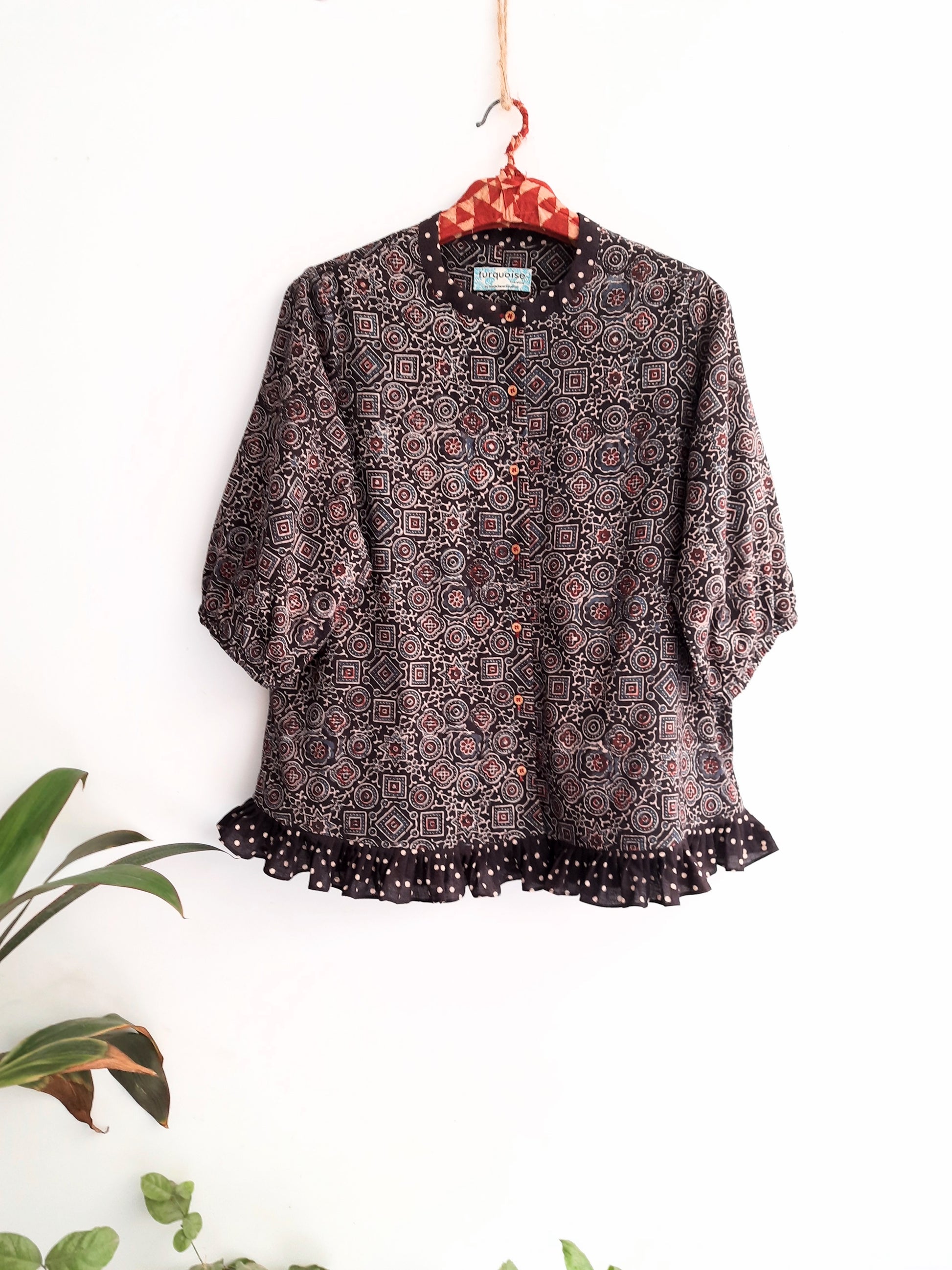 Black ajrakh polka dots shirt for her, Handmade natural dyed shirt, Fusion shirt, Sustainable luxury