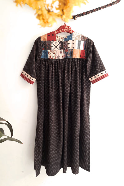 Black patchwork ajrakh cotton kurta, Black polka dots kurta, Sustainable fashion