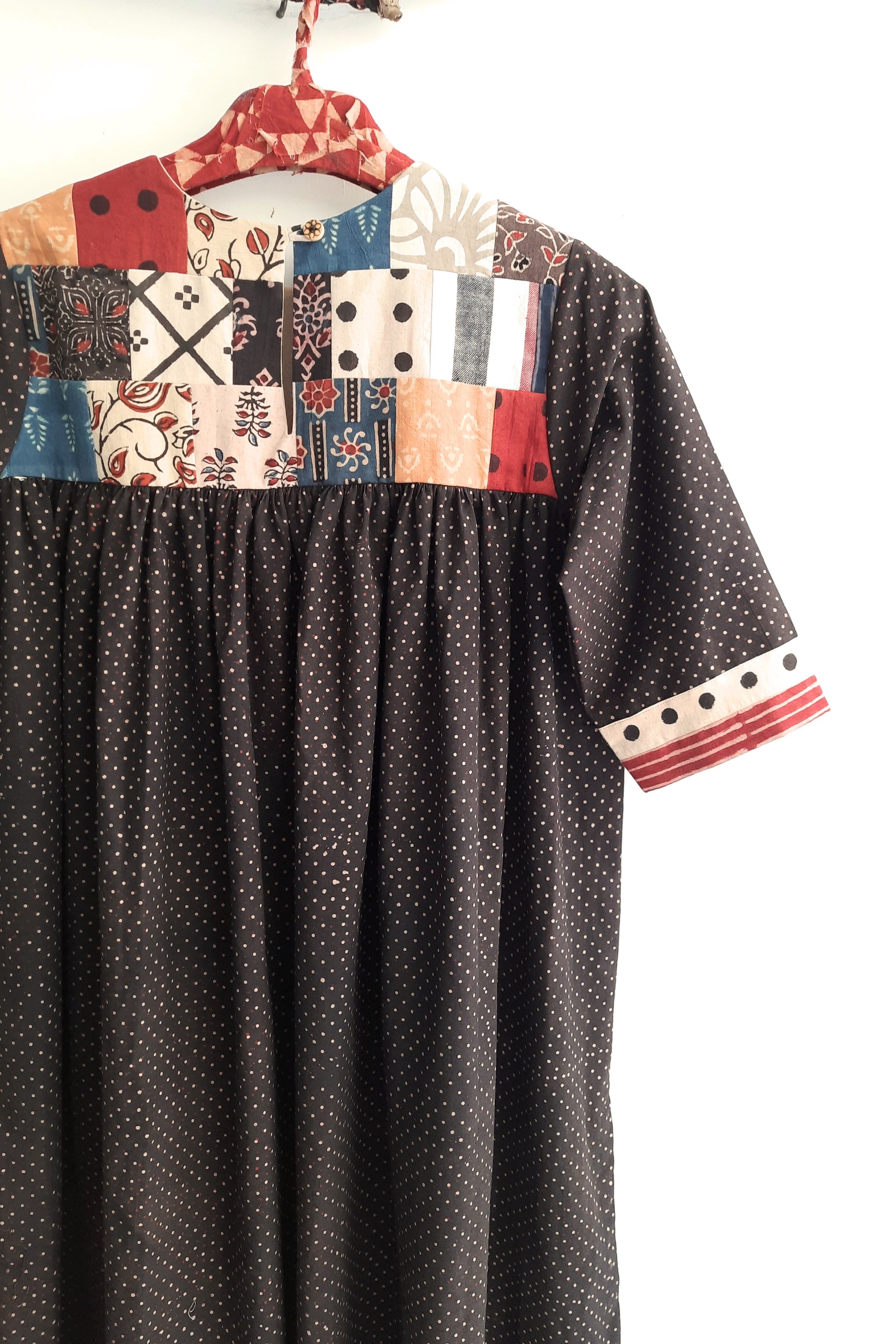 Black patchwork ajrakh cotton kurta, Black polka dots kurta, Sustainable fashion