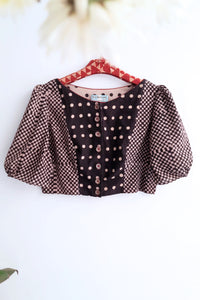 Black polka dots and check blouse, Ajrakh blouse, Sustainable fashion