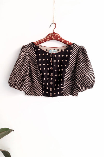 Black polka dots and check blouse, Ajrakh blouse, Sustainable fashion