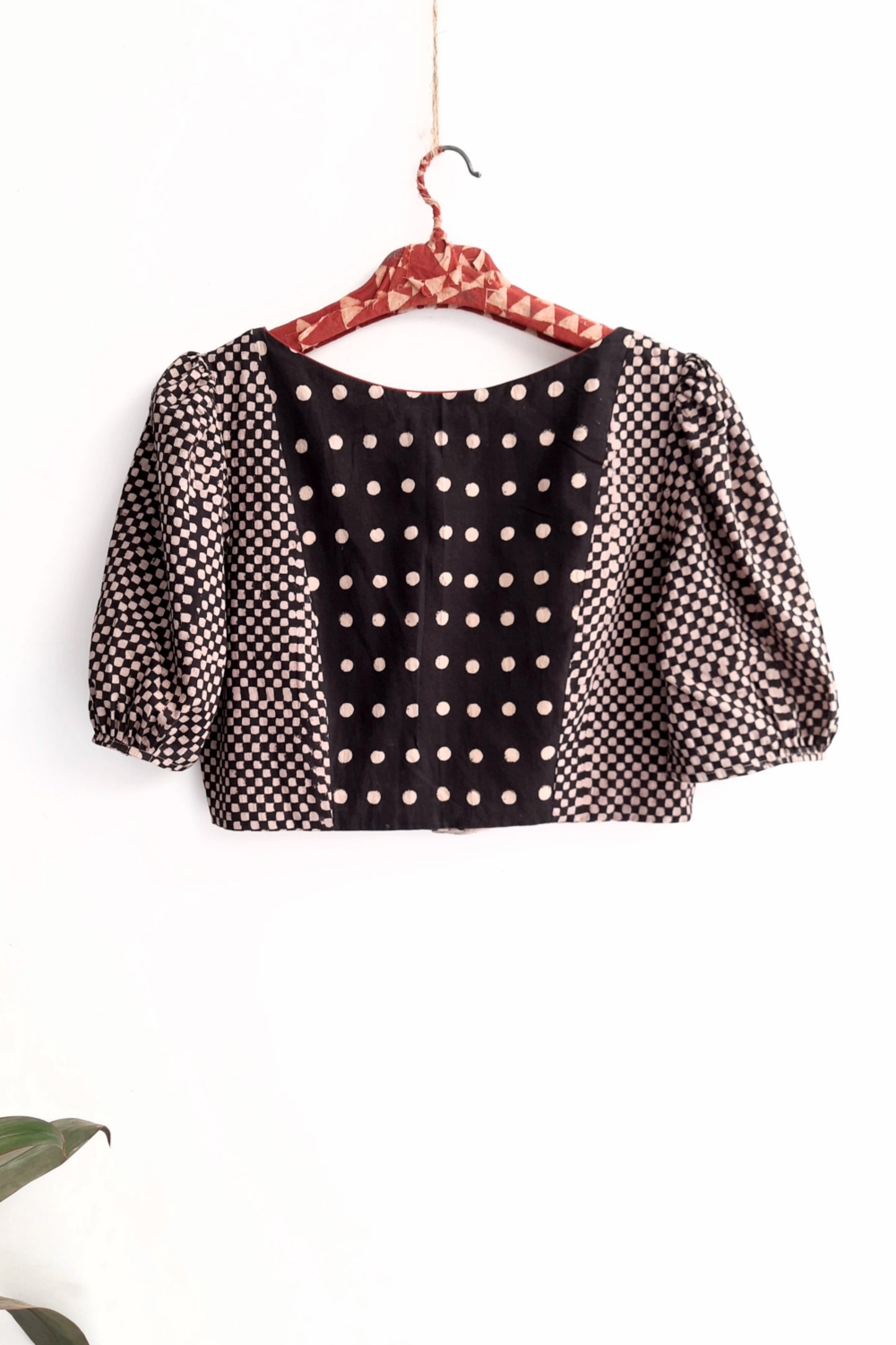 Black polka dots and check blouse, Ajrakh blouse, Sustainable fashion