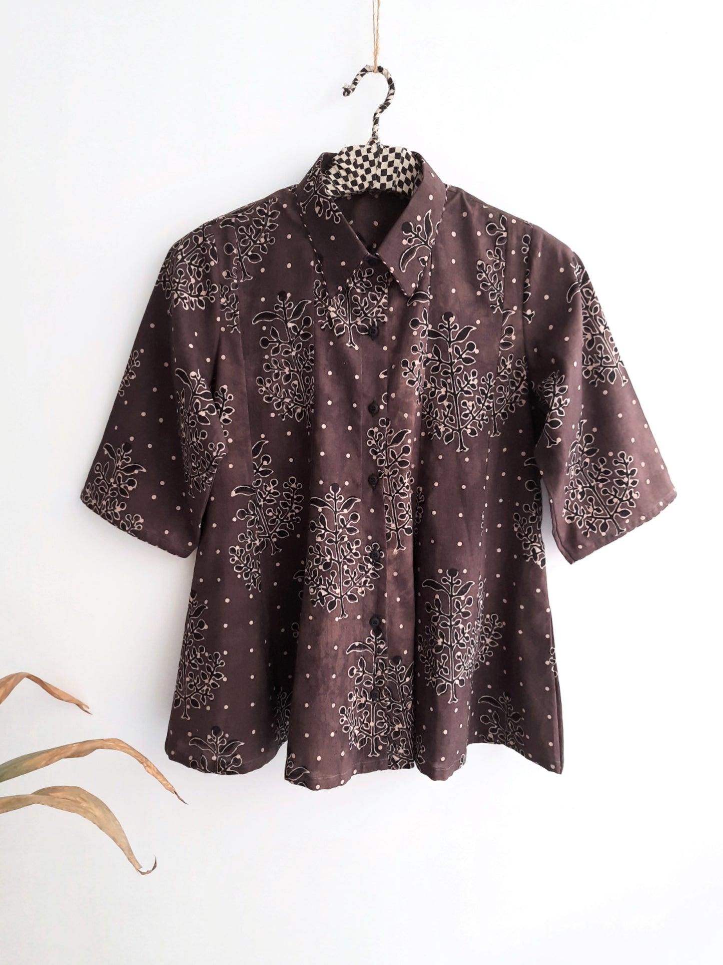 Brown Ajrakh hand block printed cotton shirt for women, showcasing intricate patterns and natural dye craftsmanship, ideal for breathable summer wear.