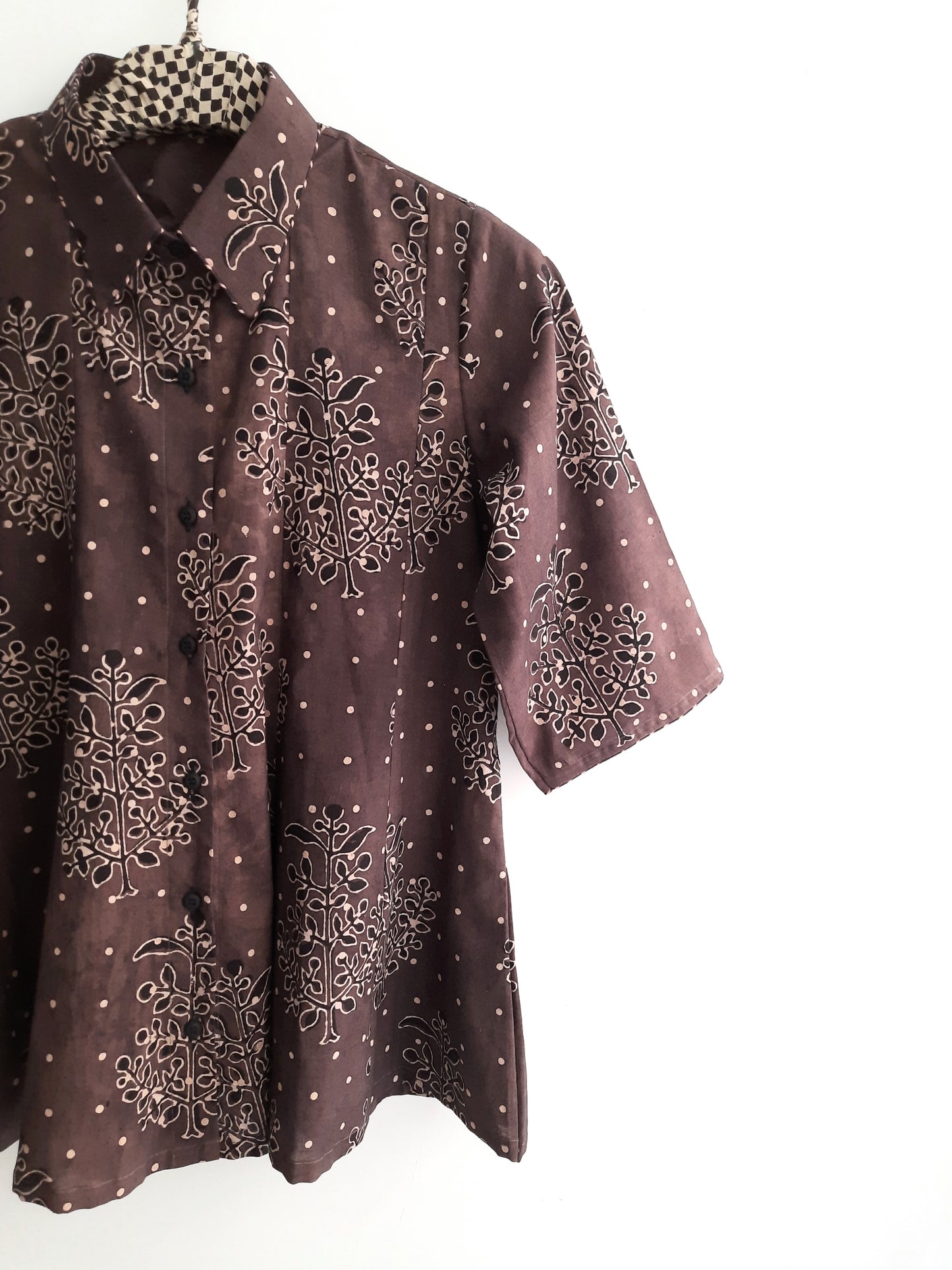 Brown Ajrakh hand block printed cotton shirt for women, showcasing intricate patterns and natural dye craftsmanship, ideal for breathable summer wear.