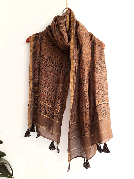 Brown ajrakh chanderi silk dupatta, Sustainable luxury