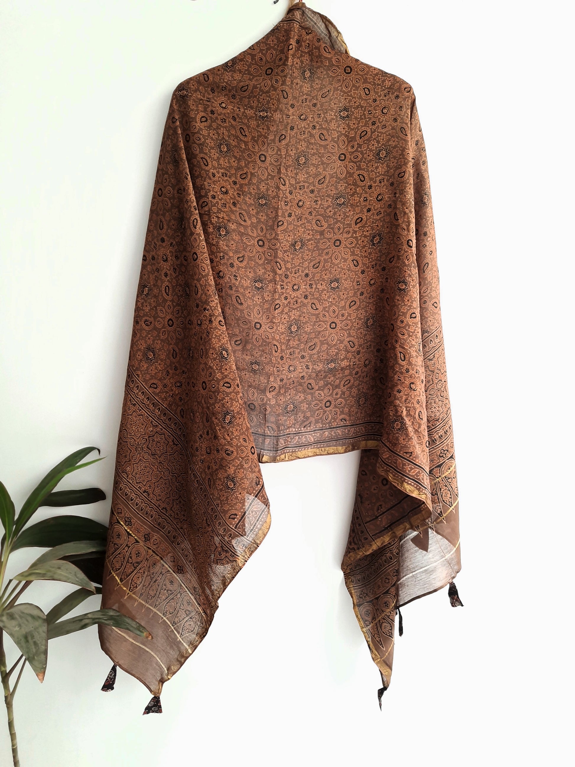 Brown ajrakh chanderi silk dupatta, Sustainable luxury