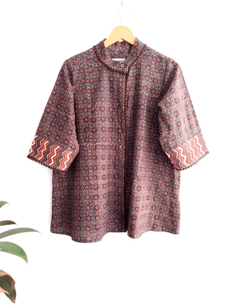 Brown ajrakh hand spun shirt for her, Organic cotton shirt, Ajrakh handwoven shirt