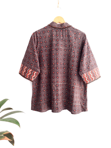 Brown ajrakh hand spun shirt for her, Organic cotton shirt, Ajrakh handwoven shirt