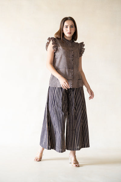 Black checkered ruffled shirt and stripes pants set, Checks shirt, Stripes flared pants, Natural dyed shirt pants set