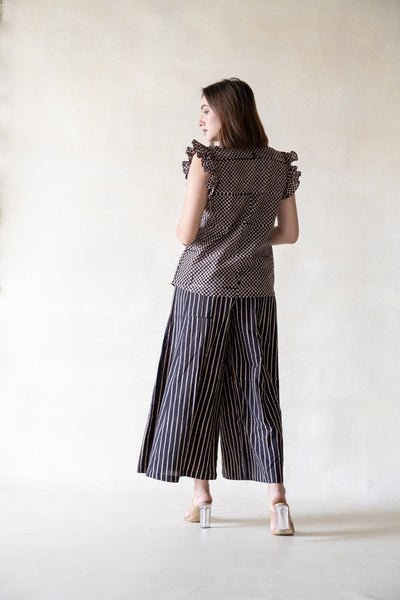 Black checkered ruffled shirt and stripes pants set, Checks shirt, Stripes flared pants, Natural dyed shirt pants set