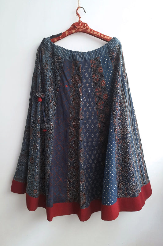 Ajrakh block prints skirt in indigo dye. Ajrakh Cotton Skirt. Chaniya chola.
