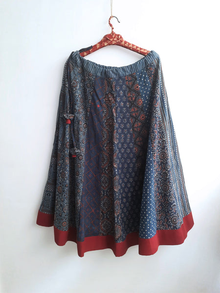 Ajrakh block prints skirt in indigo dye. Ajrakh Cotton Skirt. Chaniya chola.