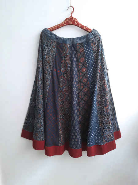 Ajrakh block prints skirt in indigo dye. Ajrakh Cotton Skirt. Chaniya chola.