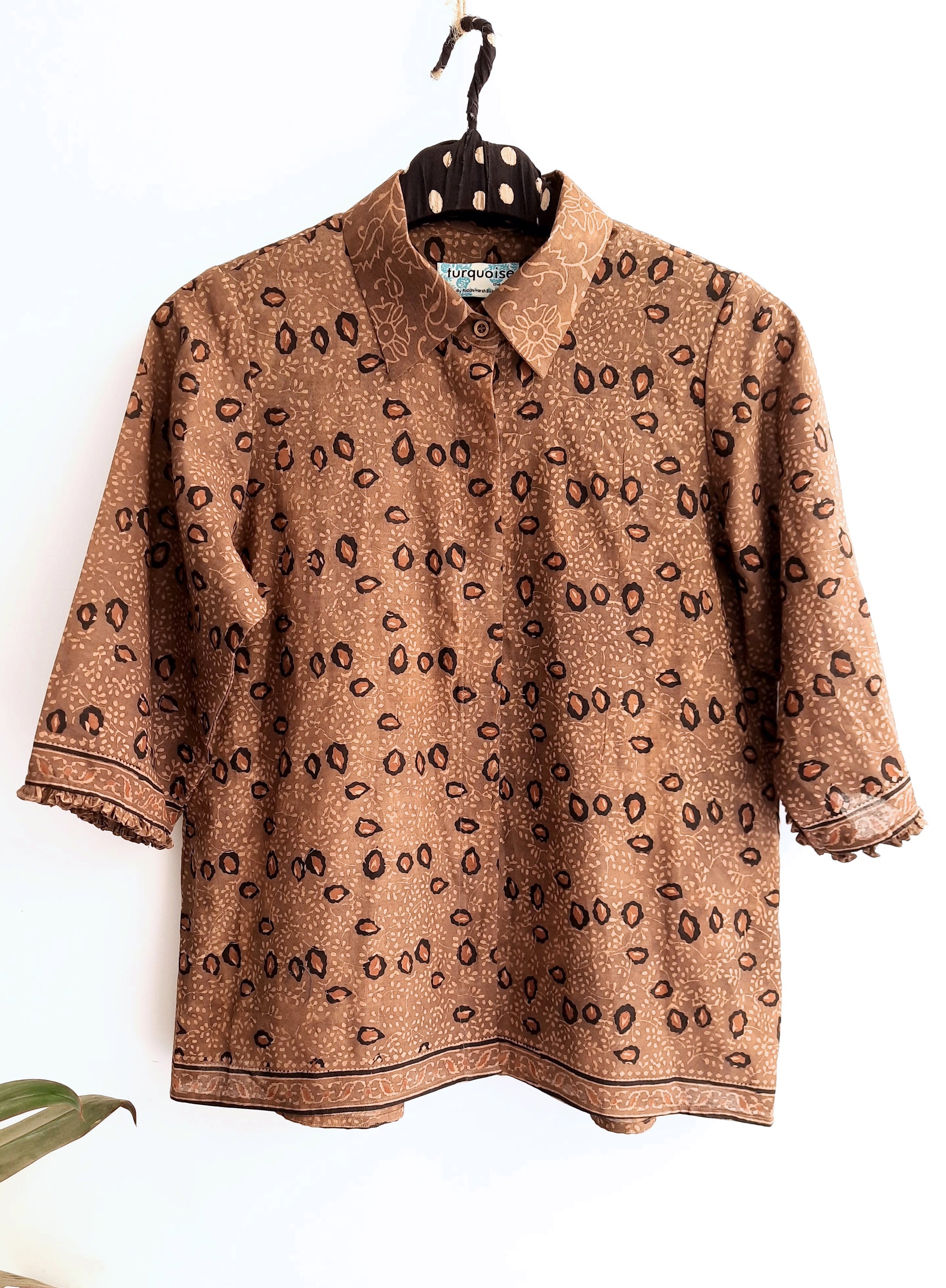 Earthy brown ajrakh chanderi shirt for women, Luxury fashion
