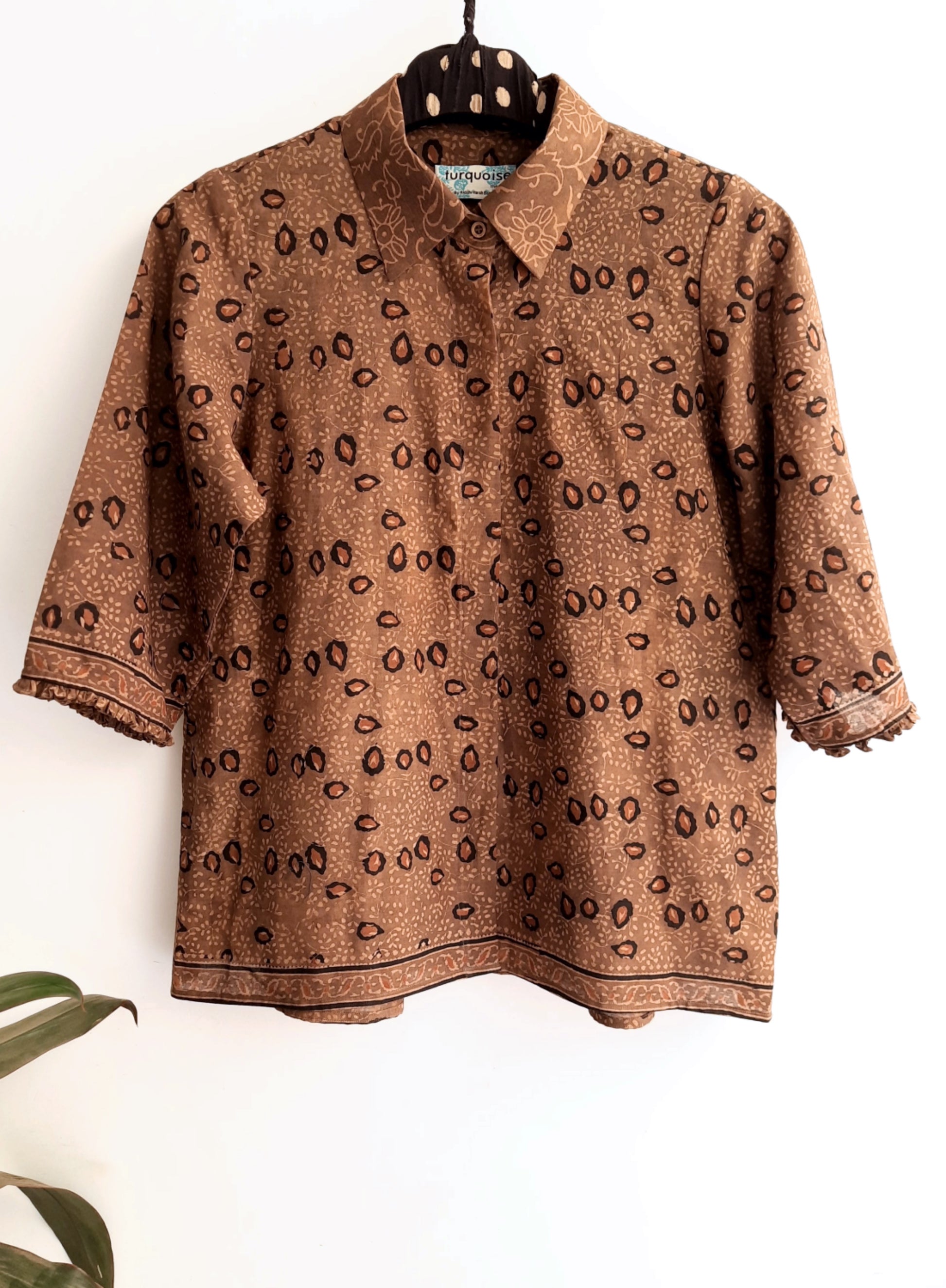 Earthy brown ajrakh chanderi shirt for women, Luxury fashion