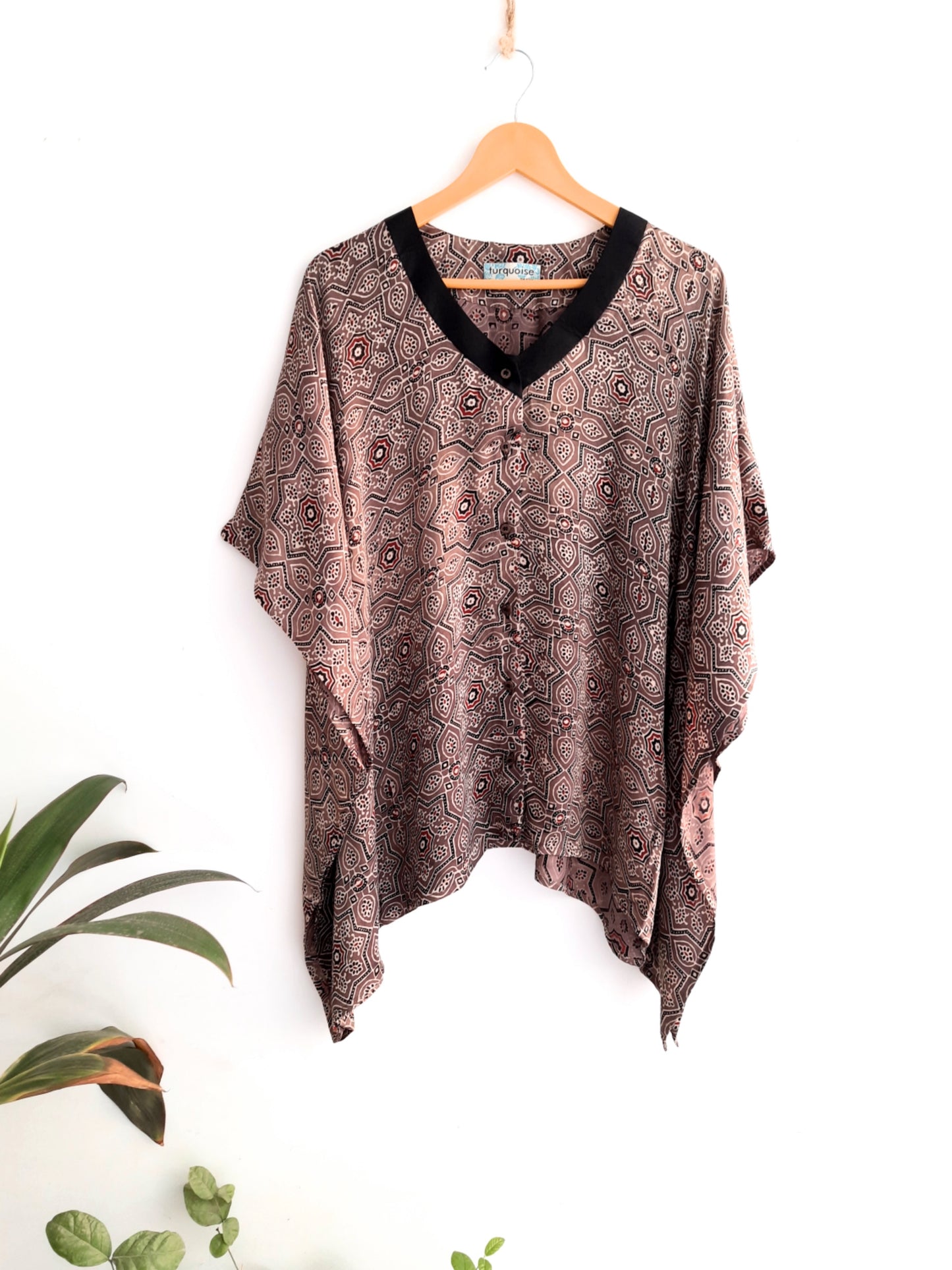 Earthy brown ajrakh modal silk kaftan shirt, Silk Kaftan Shirt, Natural dyed, Luxury clothing