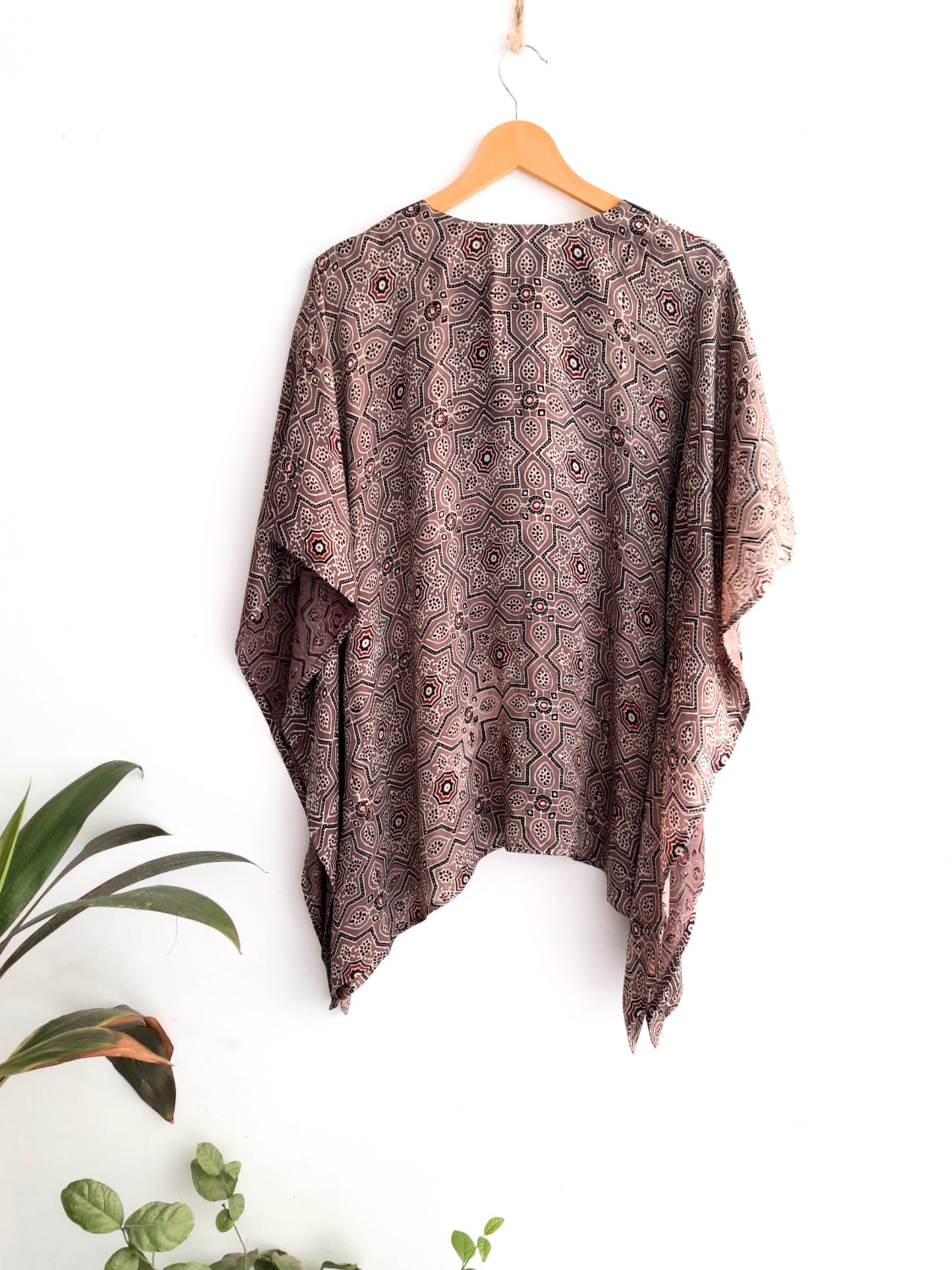 Earthy brown ajrakh modal silk kaftan shirt, Silk Kaftan Shirt, Natural dyed, Luxury clothing