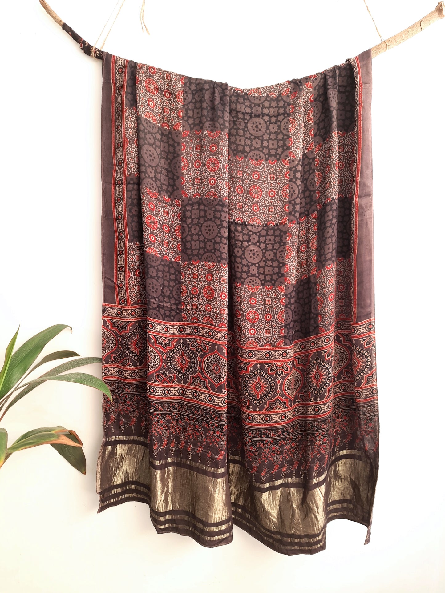 Earthy natural brown ajrakh modal silk dupatta, Modal silk dupatta, Festive Wear, Dupatta