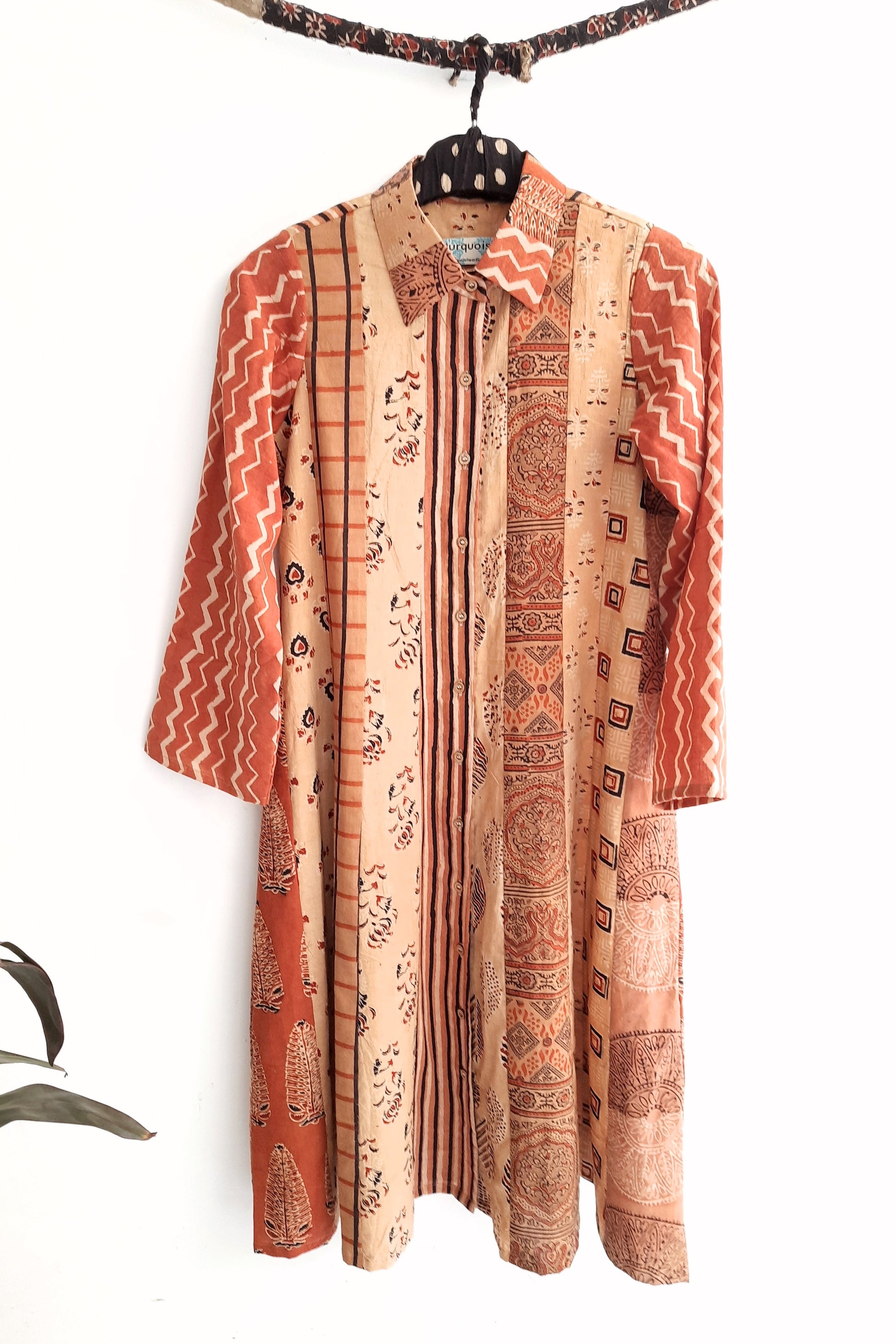Earthy peach ajrakh button down shirt dress, Sustainable fashion