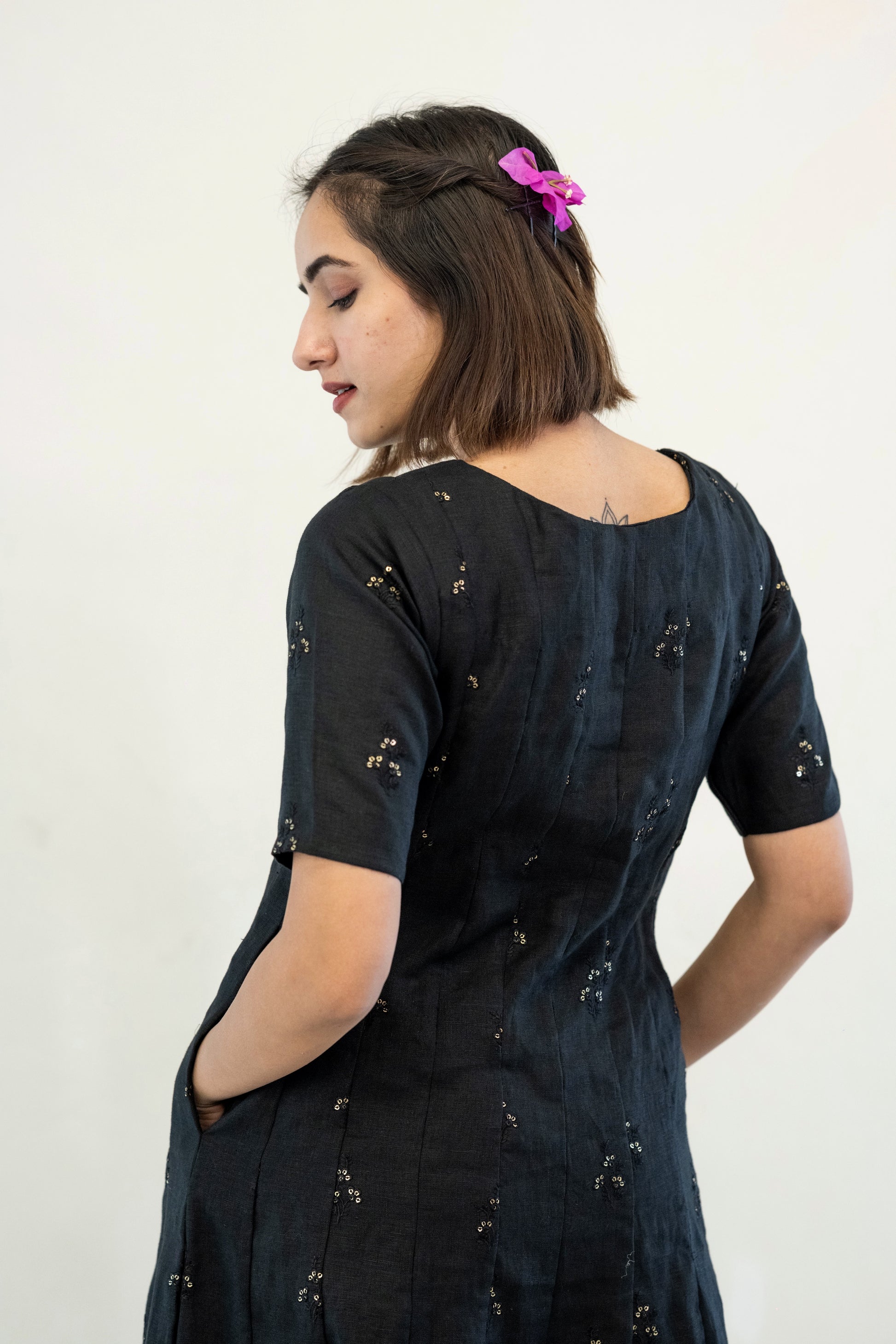 Embroidered black luxurious linen coord set, Black linen coord set