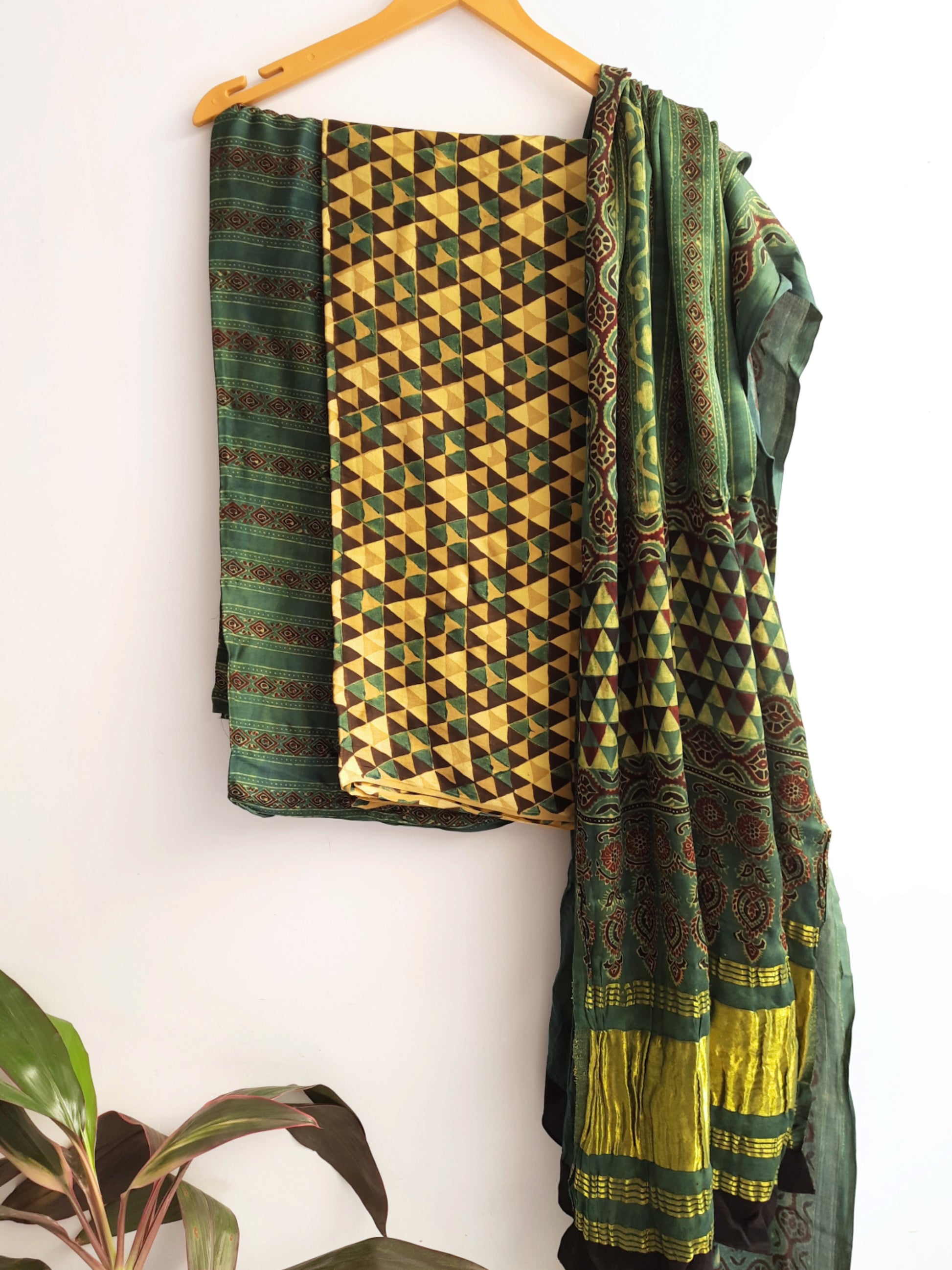 Green and mustard ajrakh modal silk unstitched salwar suit set