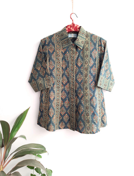 Green ajrakh kali cut shirt for her, Women's shirt in ajrakh prints, Ajrakh prints cotton shirt