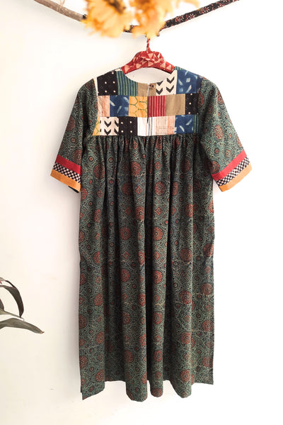 Green ajrakh patchwork kurta in cotton, sustainable fashion, Conscious clothing