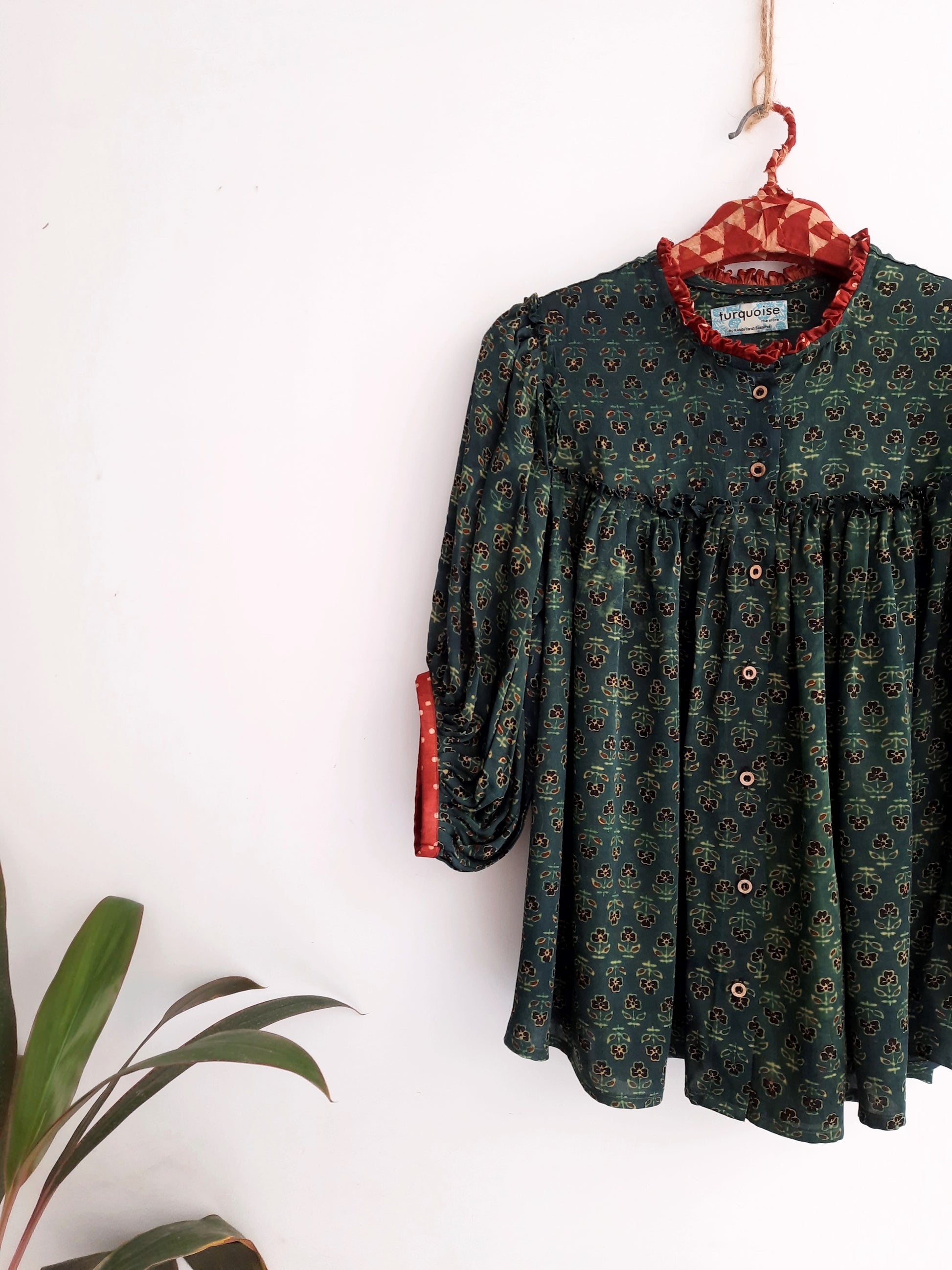 Green luxury ajrakh prints modal silk shirt for her, Handmade natural dyed green modal silk shirt for women