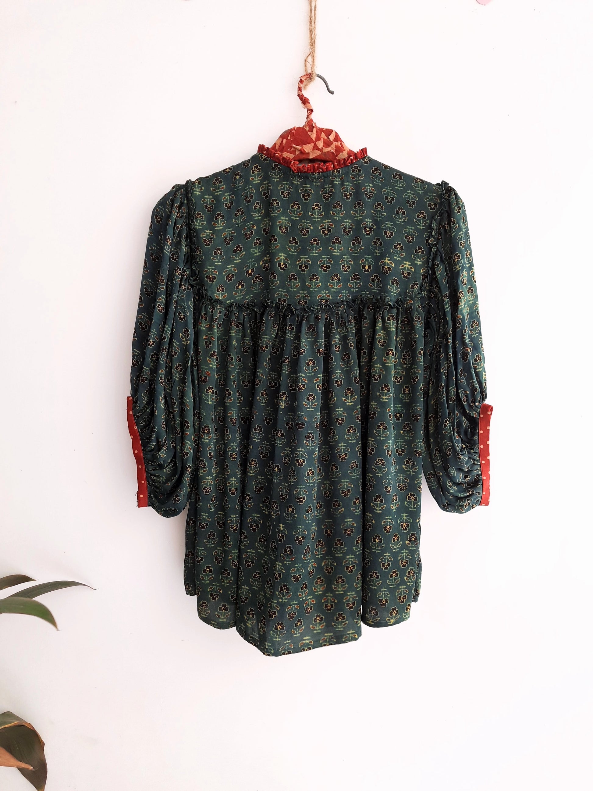 Green luxury ajrakh prints modal silk shirt for her, Handmade natural dyed green modal silk shirt for women