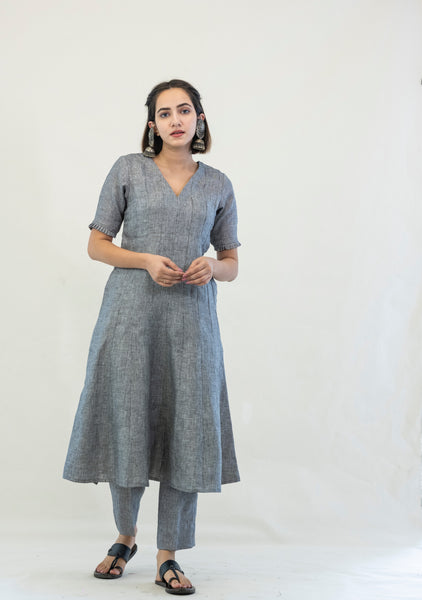 Grey linen anarkali kurta pants coord set, Linen coord set, Sustainable luxury