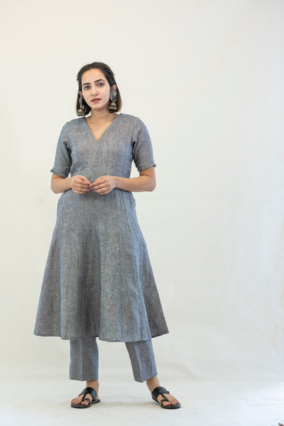 Grey linen anarkali kurta pants coord set, Linen coord set, Sustainable luxury