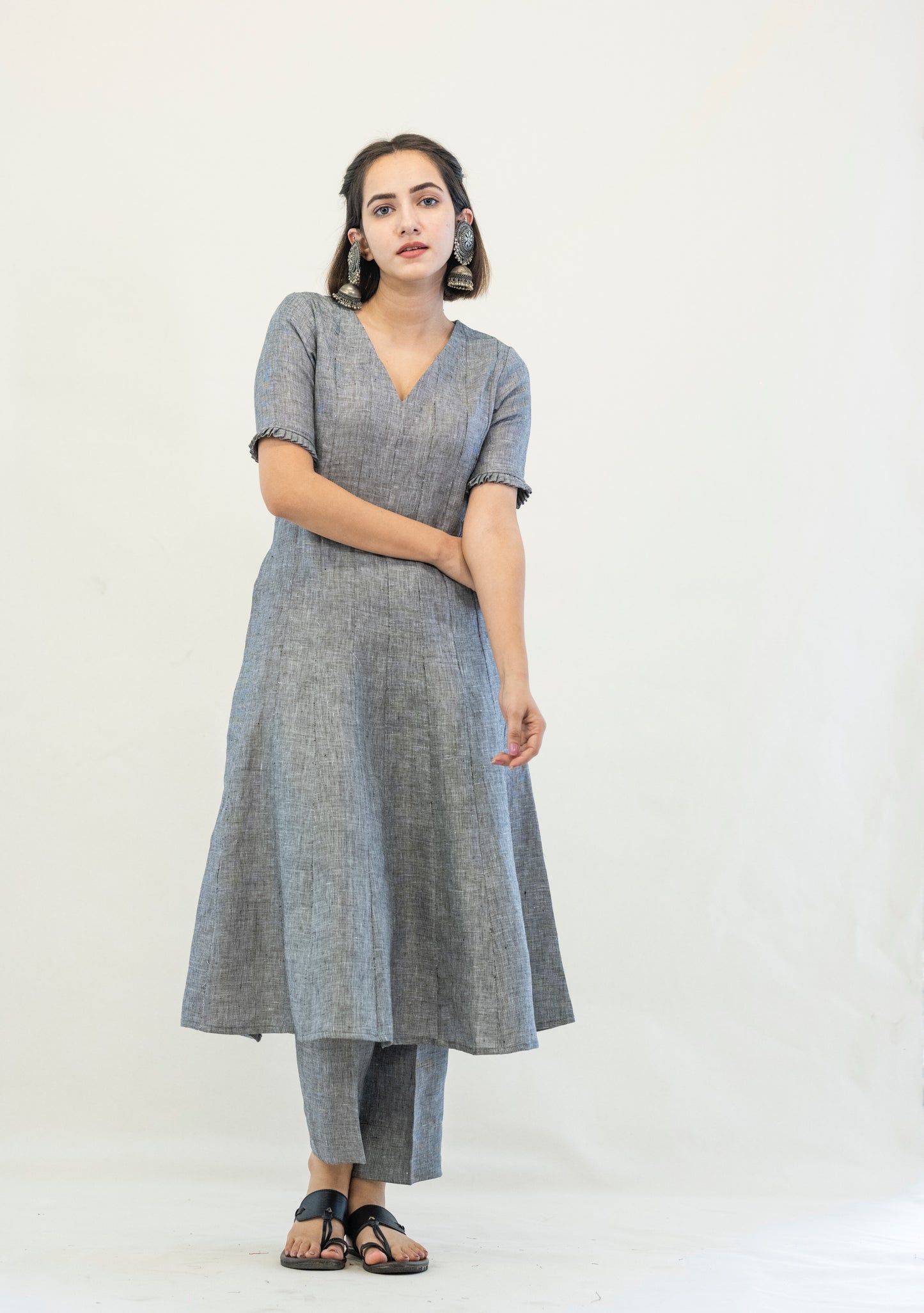 Grey linen anarkali kurta pants coord set, Linen coord set, Sustainable luxury