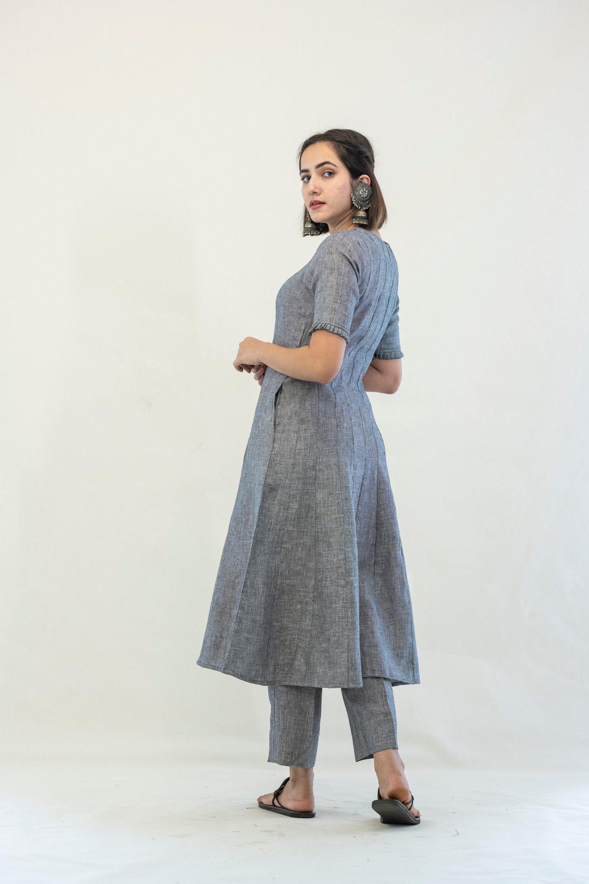 Grey linen anarkali kurta pants coord set, Linen coord set, Sustainable luxury