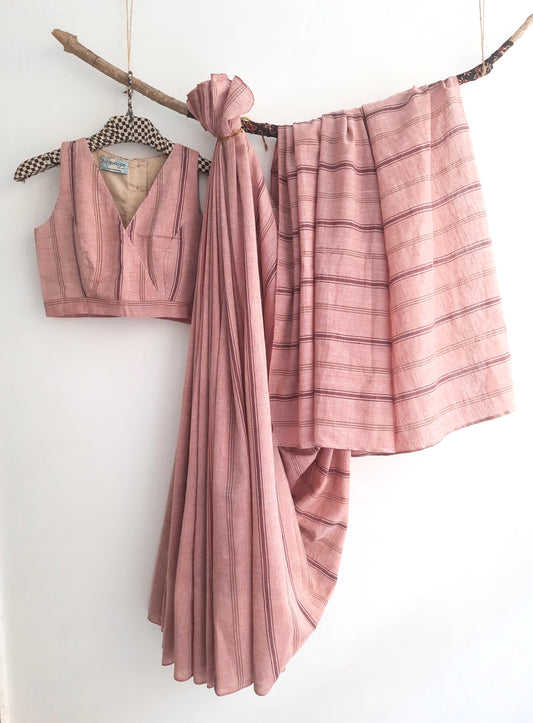 Hand Spun Organic Coton Stripes Saree and Blouse Coords in Mauve Color.